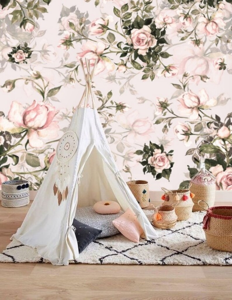 Nursery Floral Wallpaper Large Floral Remove Wallpaper Peel & Etsy