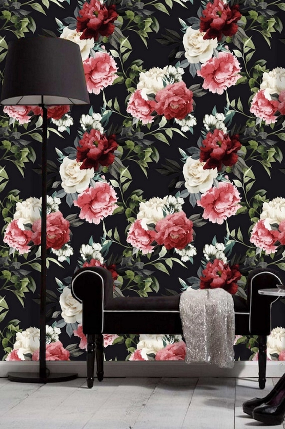 Pink Red White Peony Wallpaper Black Background, Removable Peel and Stick Prepasted, Dark Floral Decor, Charm Wallpaper for Chic Boutique