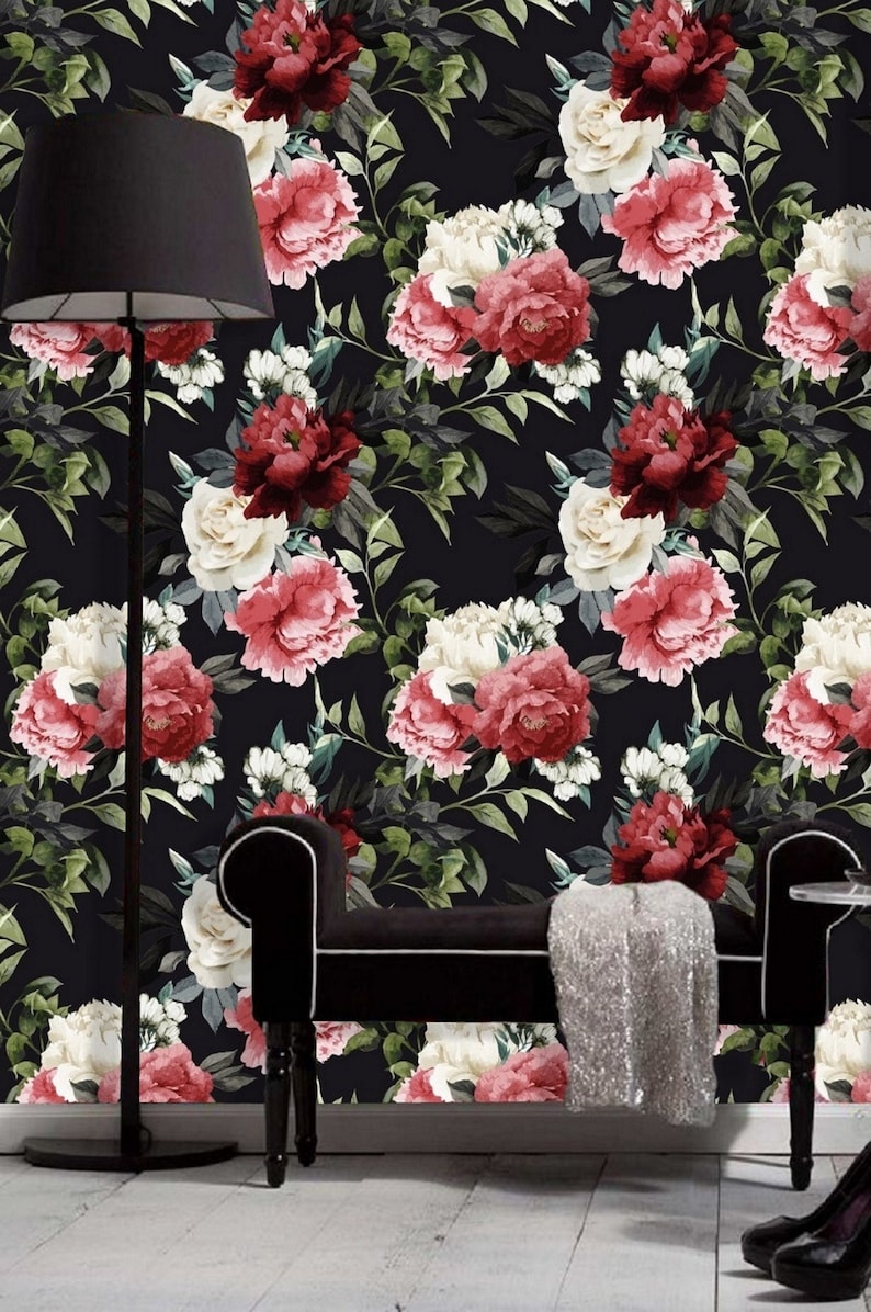Pink Red White Flower Peony Wallpaper Black Background Removable Peel and Stick on Etsy