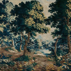 Antique European forest tapestry wallpaper mural in rich deep blue, muted green, and warm earthy tones, featuring mature trees, dense woodland foliage, delicate wildflowers, and a tranquil stream, with timeless character, giving DIY decorators a refined way to bring historical beauty and classic French style into their interiors.