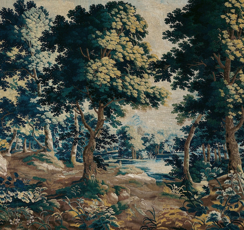 Antique European forest tapestry wallpaper mural in rich deep blue, muted green, and warm earthy tones, featuring mature trees, dense woodland foliage, delicate wildflowers, and a tranquil stream, with timeless character, giving DIY decorators a refined way to bring historical beauty and classic French style into their interiors.