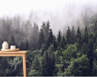 Foggy Forest Wallpaper Mural Green Landscape Removable Peel and Stick Prepasted, Nature Inspired Decor, Calming Wallpaper for Therapy Office