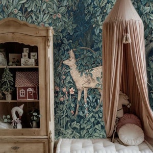 vintage forest wall mural wallpaper peel and stick forest animals wallpaper kids room wall decor blue green forest wallpaper william morris wall art for living room bedroom dining room design by tapetshow