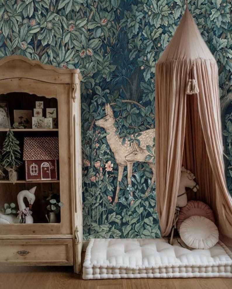 vintage forest wall mural wallpaper peel and stick forest animals wallpaper kids room wall decor blue green forest wallpaper william morris wall art for living room bedroom dining room design by tapetshow