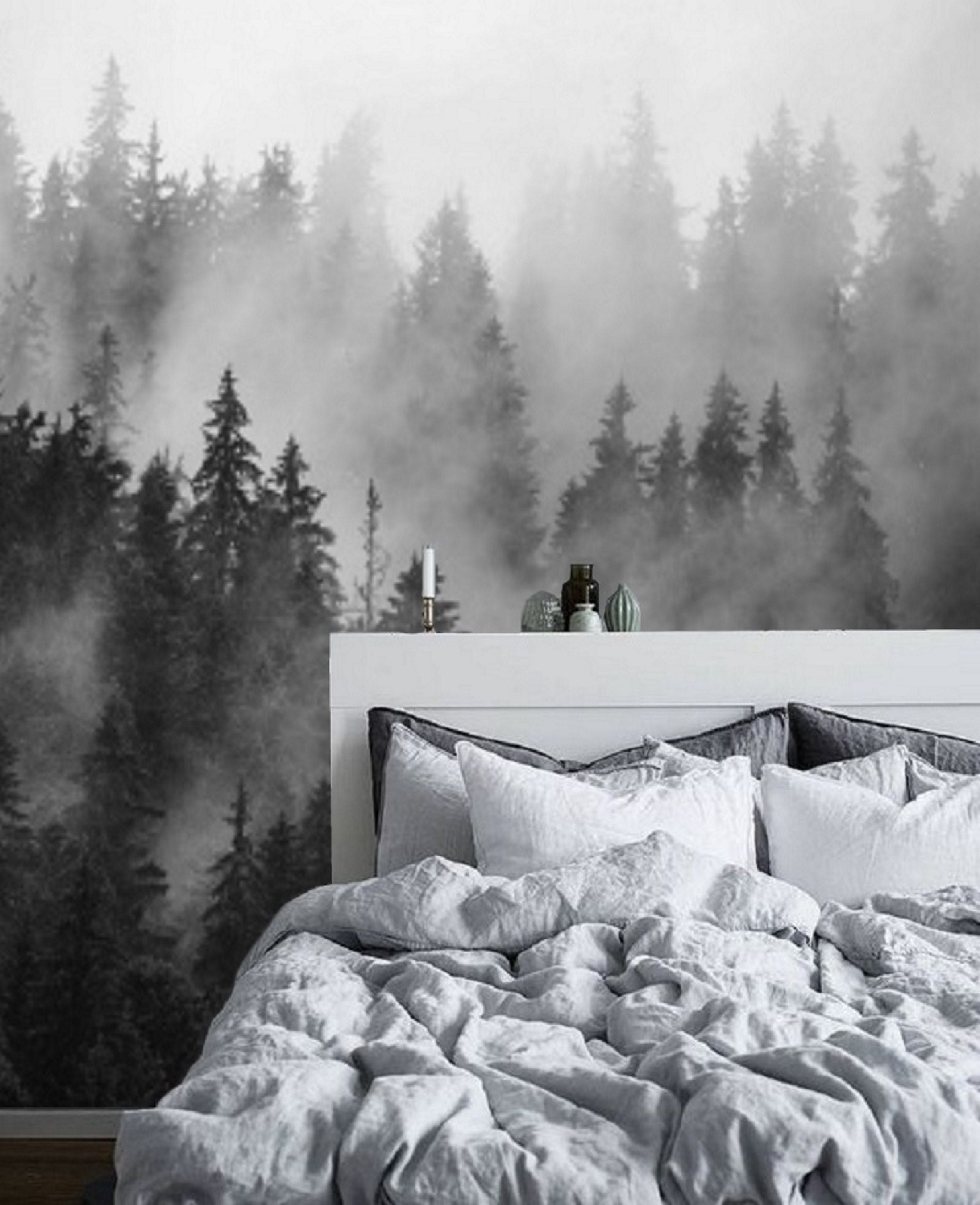 Mistig bosbehang zwart-wit muurschildering, Peel and Stick of traditioneel,  gezellig slaapkamerdecor - Etsy België, image size:2439x3000