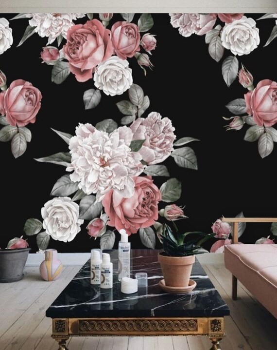 Black Wall Mural with Pink White Flowers, Removable Peel and Stick Prepasted Wallpaper, Dramatic Decor, Renter Friendly Mural for Bathroom