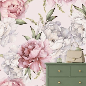 Dusty Pink White Grey Flower Peony Wallpaper Mural Light Pink Background Removable Peel and Stick on Etsy