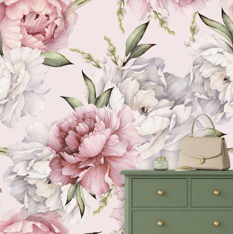 Dusty Pink White Grey Flower Peony Wallpaper Mural Light Pink Background Removable Peel and Stick on Etsy