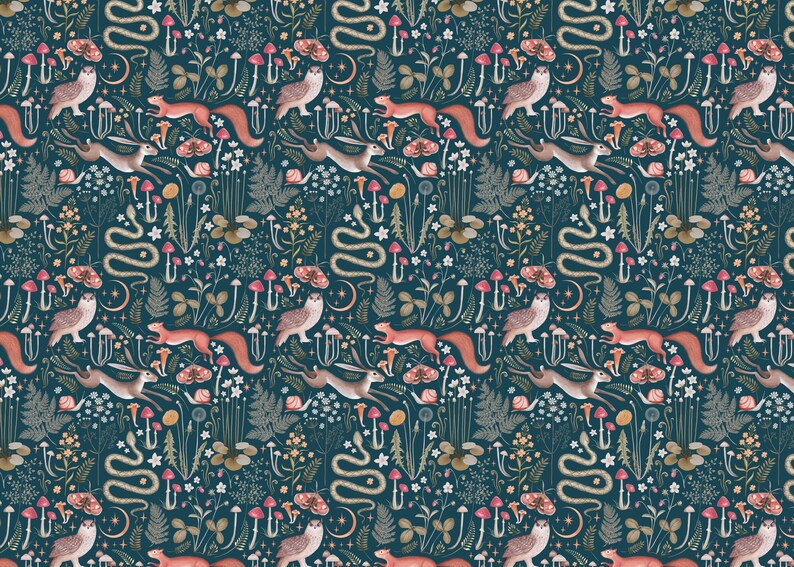 Green Red Dark Whimsical Cottagecore Nursery Wallpaper Midnight Blue Teal Background Removable Peel and Stick Wallpaper on Etsy