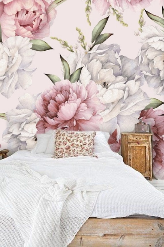 Large Peony Wallpaper Mural, Peony Watercolor Wallpaper, Soft Pink Floral Wallpaper, Girly Wallpaper Peel and Stick, Boho Wall Art #185