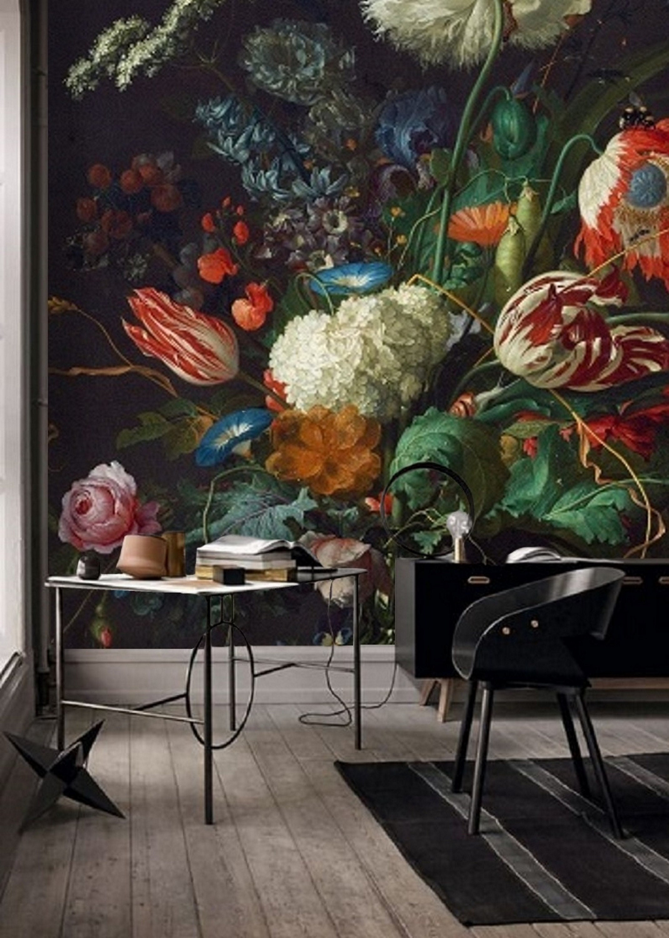 Vintage Floral Wallpaper Peel and Stick Black, Large Scale Floral Wallpaper  Living Room, Self Adhesive Wall Mural, Big Flower Wallpaper 142 