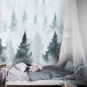Blue Forest Watercolor Removable Wallpaper Peel and Stick Nursery Forest Wallpaper Mural Kid Room Wallpaper Pine Tree Forest Wall Mural #141