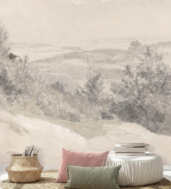 Subtle Grey Vintage Trees Sketch Wallpaper Mural, Removable Peel and Stick Prepasted, Cozy Room Decor, Pencil Drawing Landscape Wallpaper