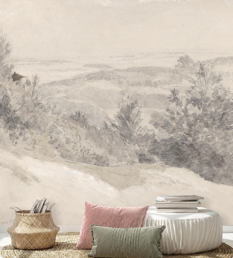 Subtle Grey Vintage Trees Pencil Drawing Sketch Landscape Wallpaper Mural Peel and Stick on Etsy