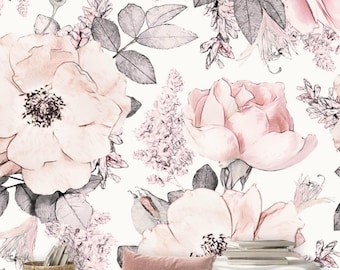 Floral Peel and Stick Wallpaper Blush Pink Grey, Soft Boho Rose Wall Mural, Removable Wallpaper Nursery, Girl Room Decor