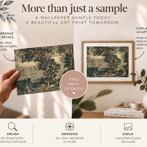 A wallpaper sample shown in hand and displayed in a frame, illustrating how it can be used to preview a design and later enjoyed as a small decorative art print, for home decorators and interior designers.