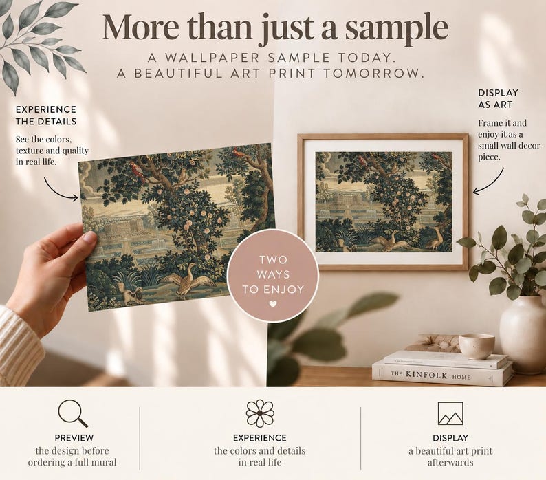 A wallpaper sample shown in hand and displayed in a frame, illustrating how it can be used to preview a design and later enjoyed as a small decorative art print, for home decorators and interior designers.