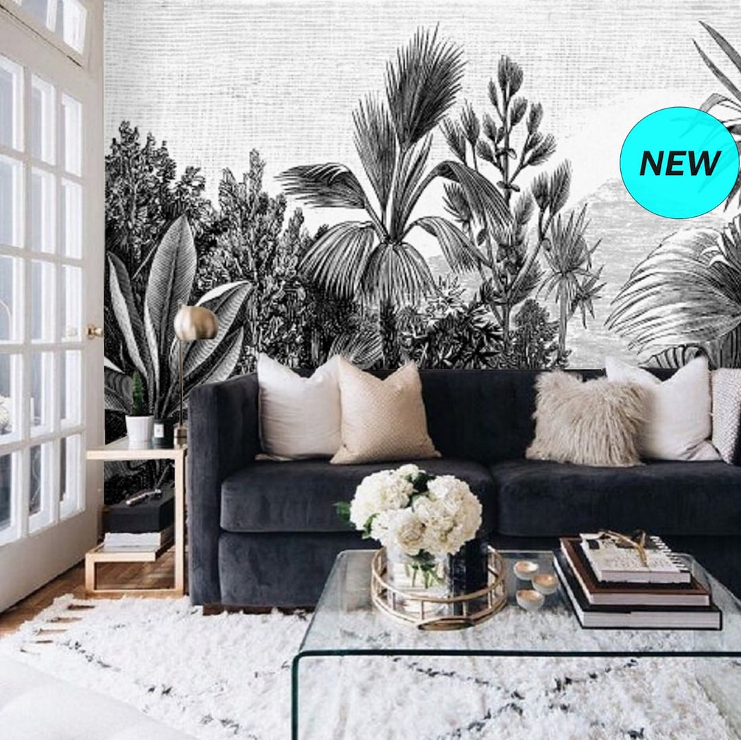 Black and White Jungle Wallpaper Rainforest Landscape Wall Etsy UK