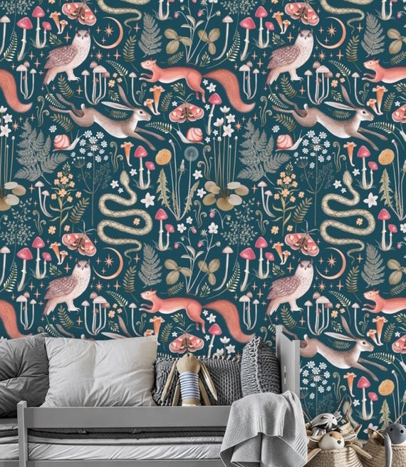 Dark Whimsical Wallpaper Woodland Animals Magic Mushroom, Removable Peel and Stick Prepasted, Cottagecore Nursery Decor