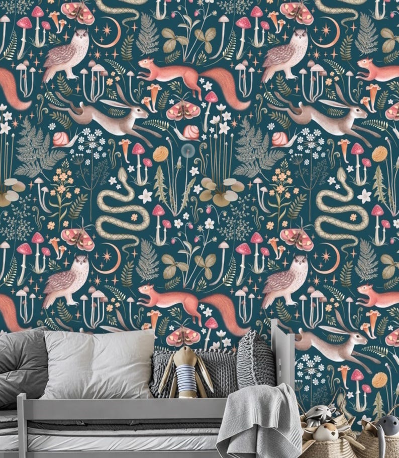 Green Red Dark Whimsical Cottagecore Nursery Wallpaper Midnight Blue Teal Background Removable Peel and Stick Wallpaper on Etsy