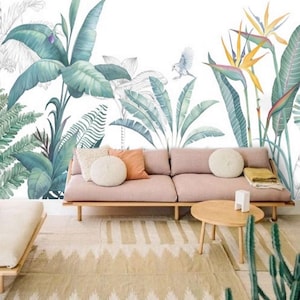 Blue Green Tropical Leaf Wallpaper Mural, Removable Peel and Stick Prepasted, Palm Tree Decor, Exotic Flowers Wallpaper for Dorm Living Room