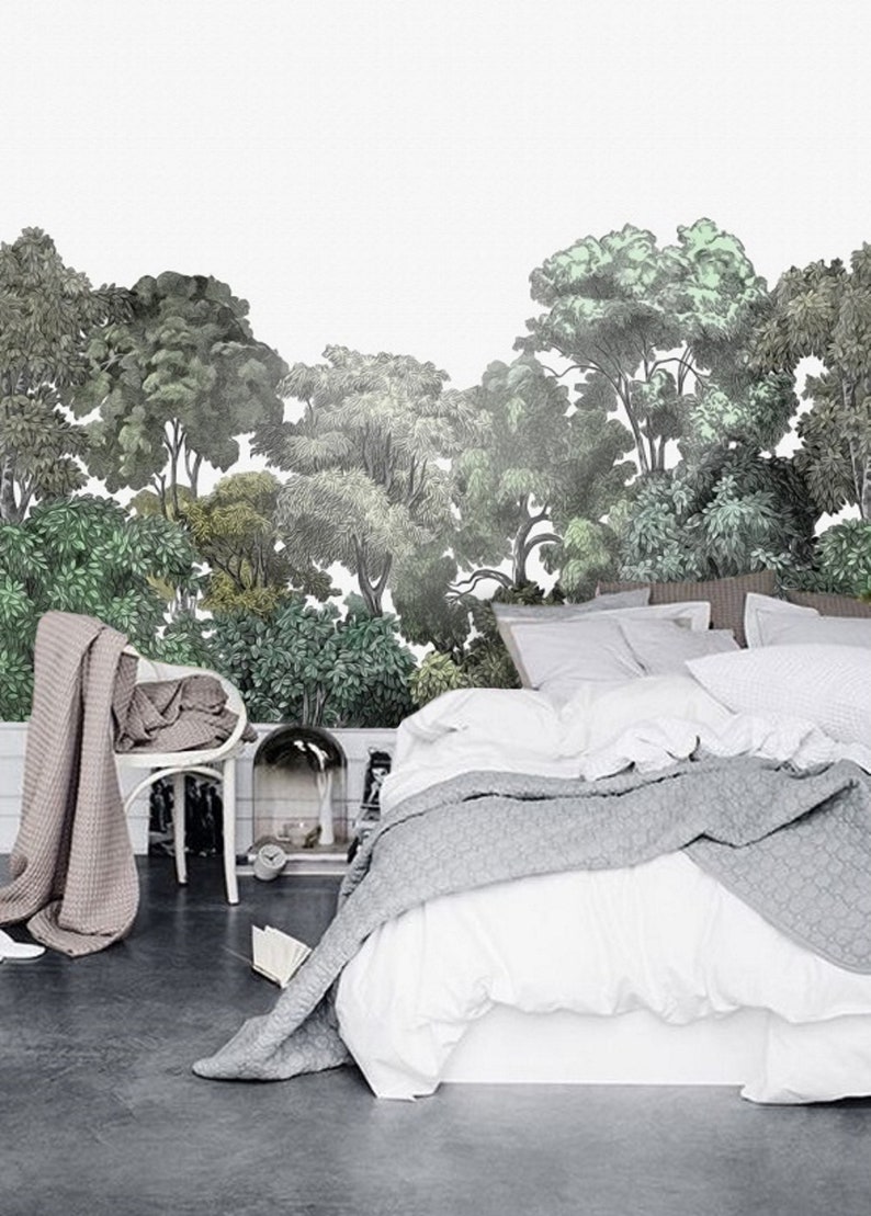 Green Tree Wallpaper Rainforest Wall Mural Removable Etsy