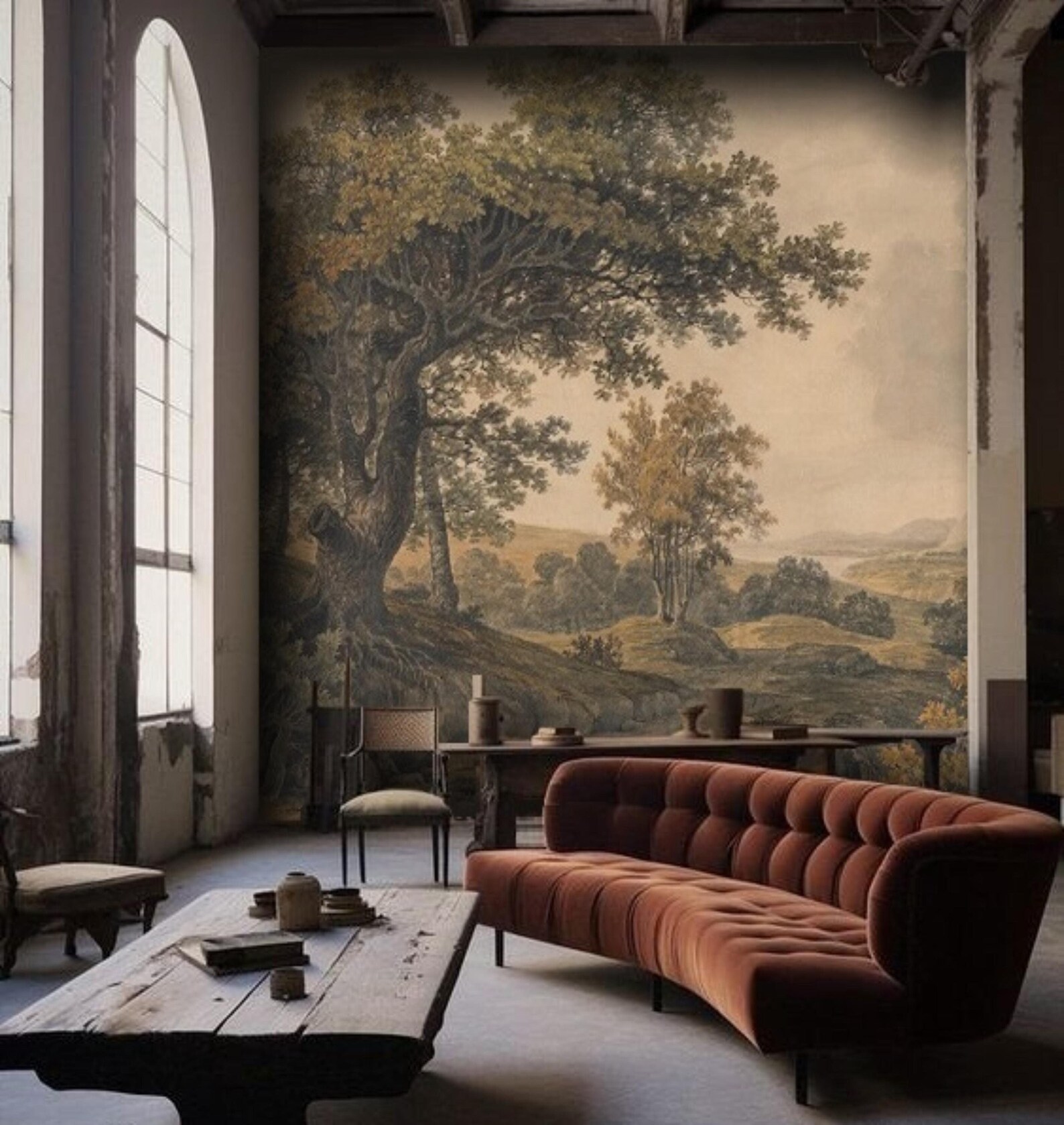 Earth Tone Landscape Painting Wallpaper Vintage Mural, Removable Peel