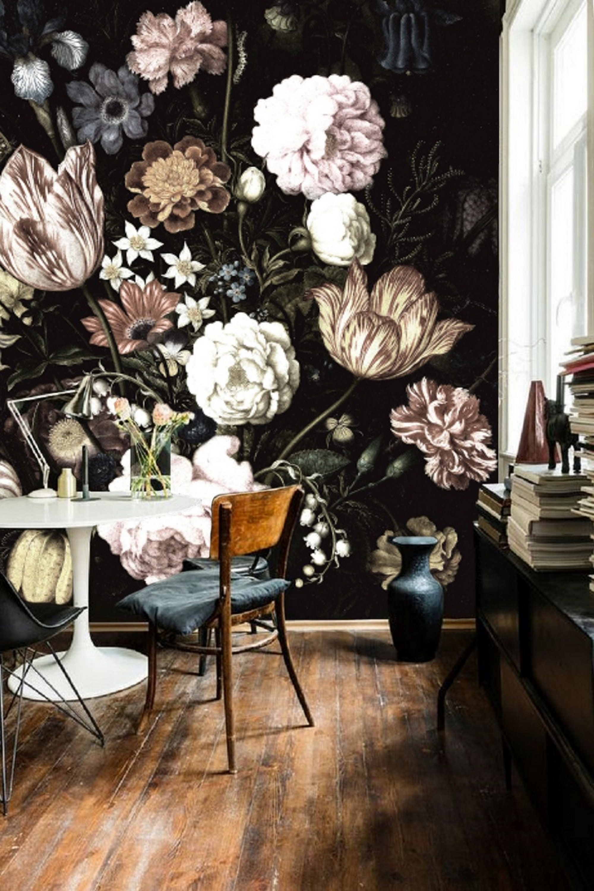 Dark Floral Wallpaper Wall Mural Girl Nursery Wallpaper - Etsy Dark Floral Wallpaper Wall Mural Girl Nursery Wallpaper - Etsy