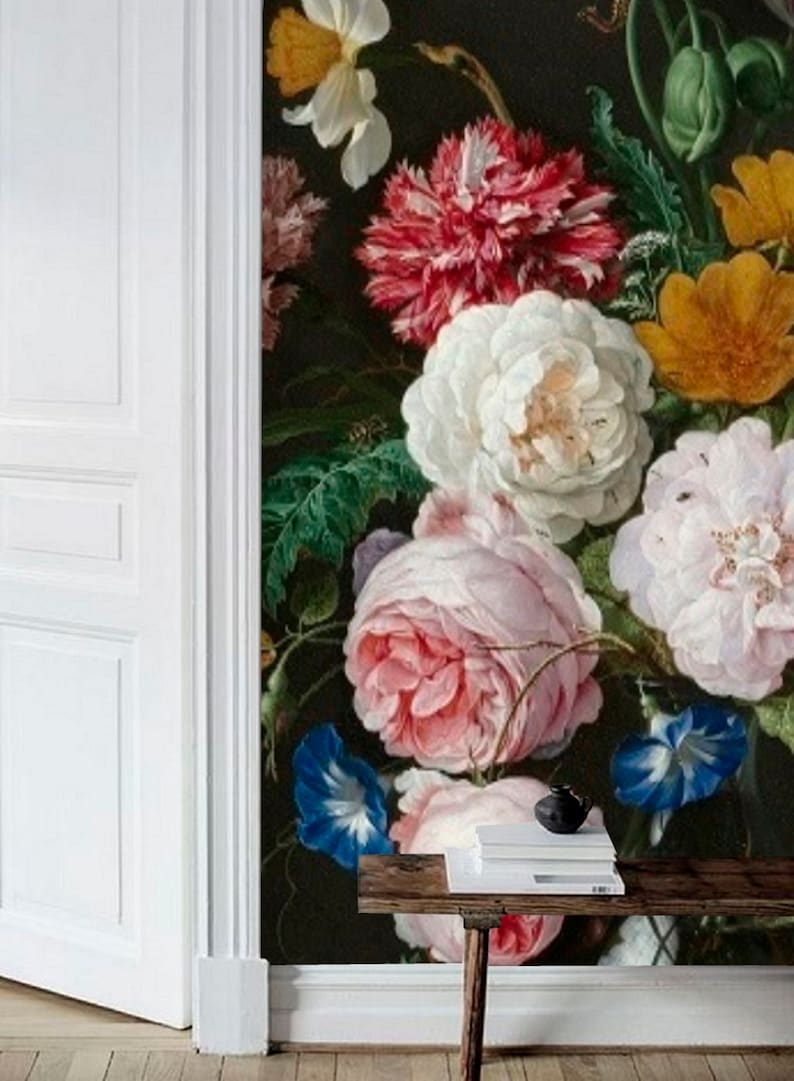 Flower Wall Mural Removable Wallpaper Dark Floral Mural Peel Etsy