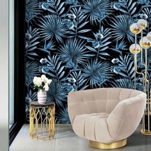 Blauw Palmblad behang, Peel en Stick Wallpaper Blauw, Palm Wallpaper Zwart, Tropisch Behang Zwart, Botanisch Behang Donkerblauw 102 afbeelding 8