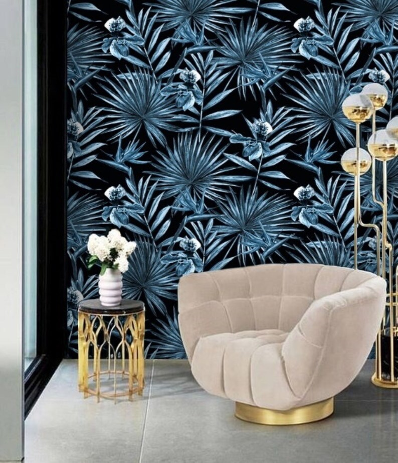 Blauw Palmblad behang, Peel en Stick Wallpaper Blauw, Palm Wallpaper Zwart, Tropisch Behang Zwart, Botanisch Behang Donkerblauw 102 afbeelding 8