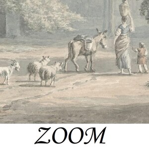 May include: A watercolour painting depicting a scene with a donkey carrying a load, three goats, and two figures in a woodland setting. The donkey is brown and white, and the goats are white with black markings. The figures are dressed in simple clothing and are walking along a path.