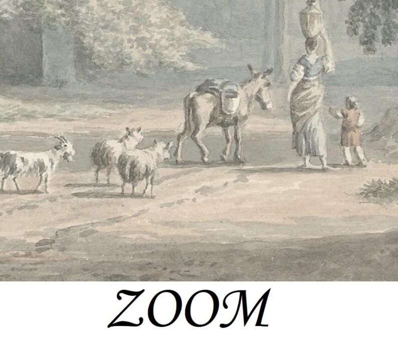May include: A watercolour painting depicting a scene with a donkey carrying a load, three goats, and two figures in a woodland setting. The donkey is brown and white, and the goats are white with black markings. The figures are dressed in simple clothing and are walking along a path.