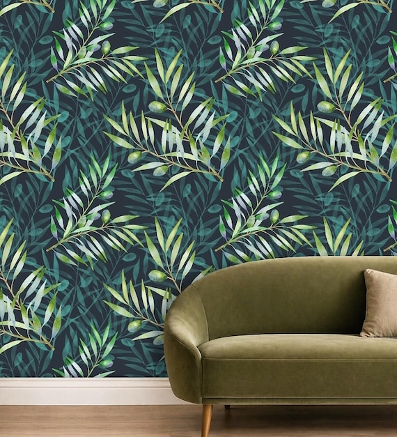 Olive Branch Wallpaper Dark Green, Removable Peel and Stick Prepasted, Vintage Farmhouse Decor, Natural Leaf Wallpaper for Dining Room