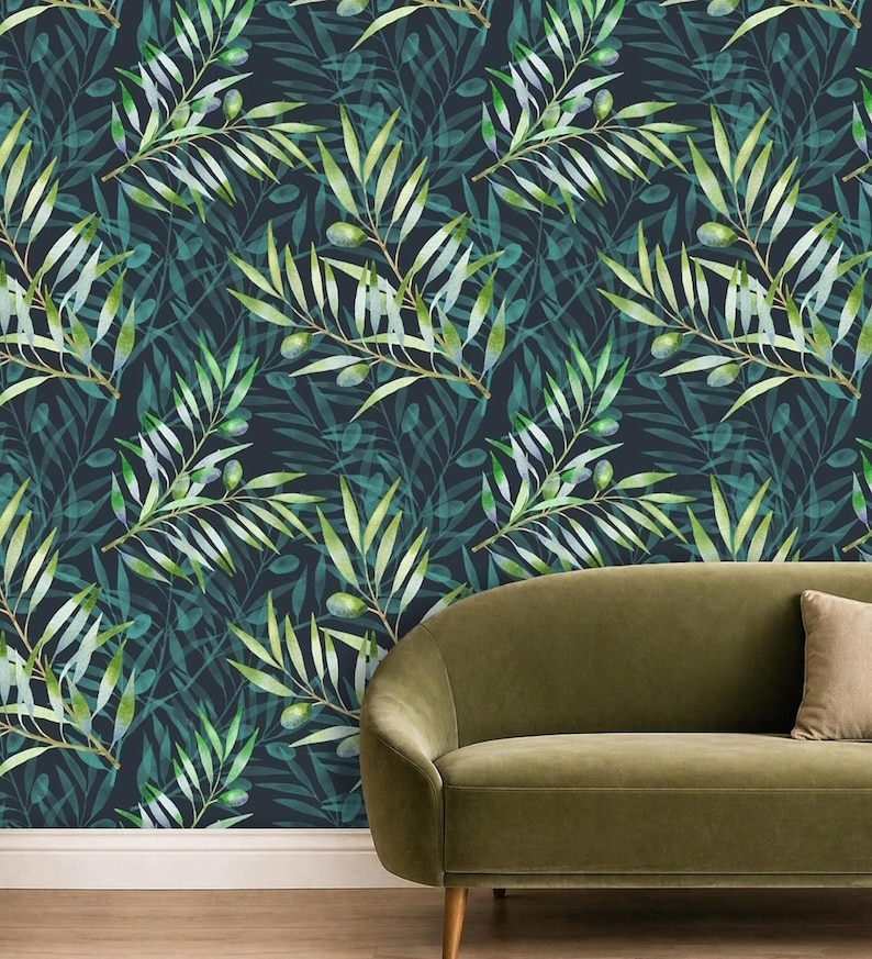Dark Blue Navy Green Olive Branch Watercolor Wallpaper Nature Inspired Removable Peel and Stick Wallpaper on Etsy
