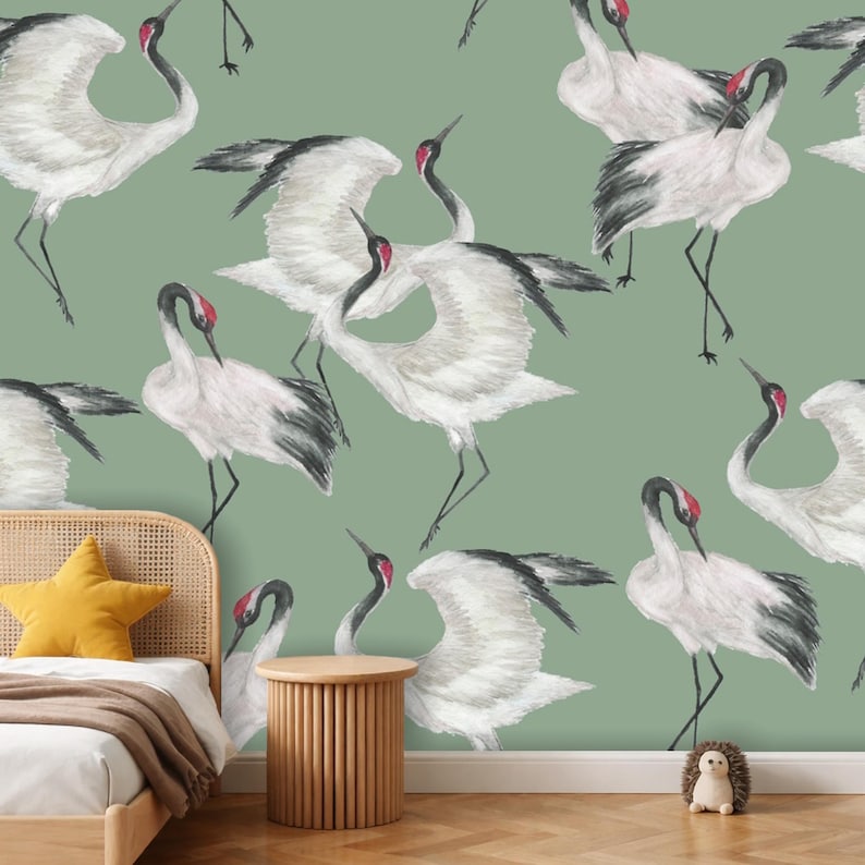 Sage Green Japanese Crane Wallpaper Mural Peel and Stick on Etsy