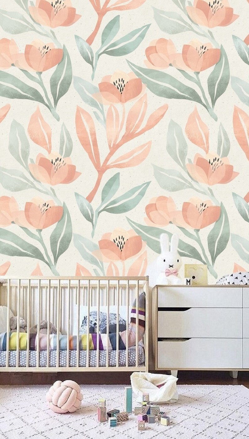 Muted Floral Wallpaper Moody Floral Nursery Neutral Etsy
