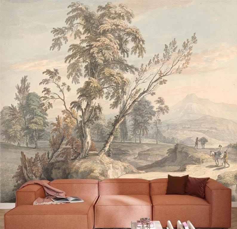 Muted Vintage Watercolor Wall Mural Landscape, Removable Peel and Stick ...
