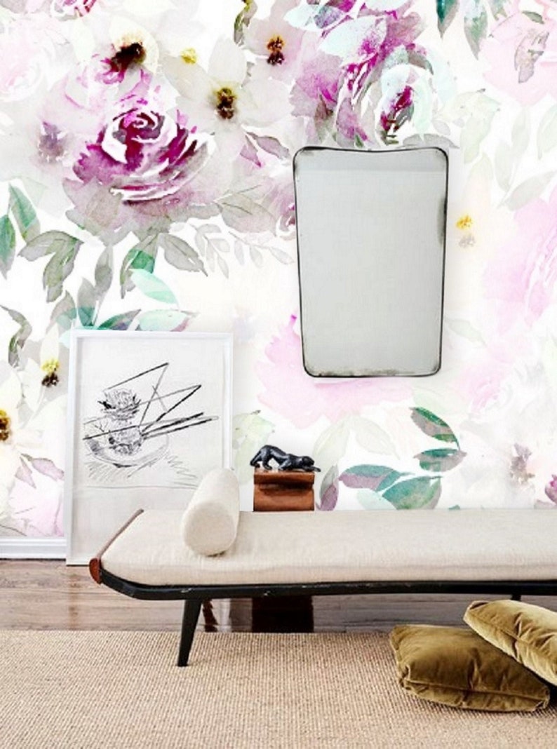 Floral Wall Mural Peel & Stick Wall Paper Floral Watercolour - Etsy