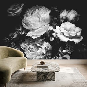Black and White Dark Floral Wallpaper Peony Wall Mural Removable Peel and Stick on Etsy