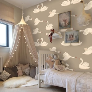 Weiße Schwäne auf beige Hintergrund Wallpaper Wandbild für Kinderzimmer oder kleine Mädchen Schlafzimmer, Papier schälen und aufkleben, Renter freundliche Wanddekoration