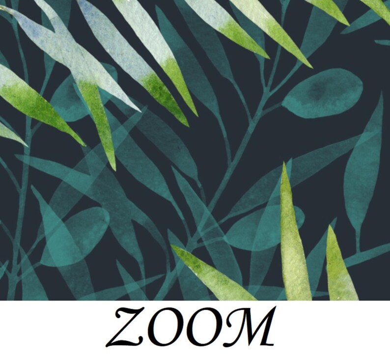 May include: Abstract watercolor pattern featuring overlapping green and blue leaves on a dark blue background. The leaves are semi-transparent and create a layered effect.