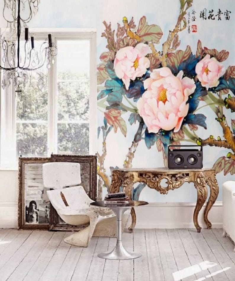 Chinoiserie Wallpaper Removable Wall Mural Peel and Stick Blue and Pink