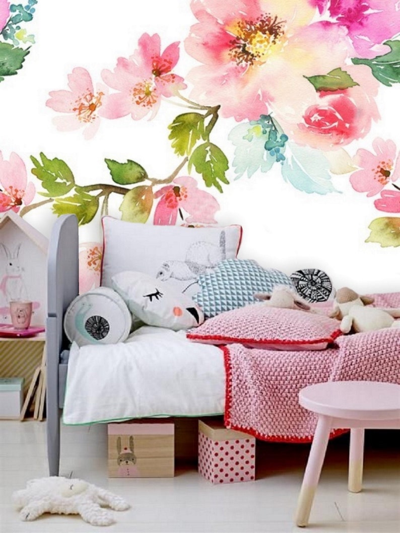 Pink Floral Wallpaper Mural Peel & Stick Wallpaper Remove Etsy