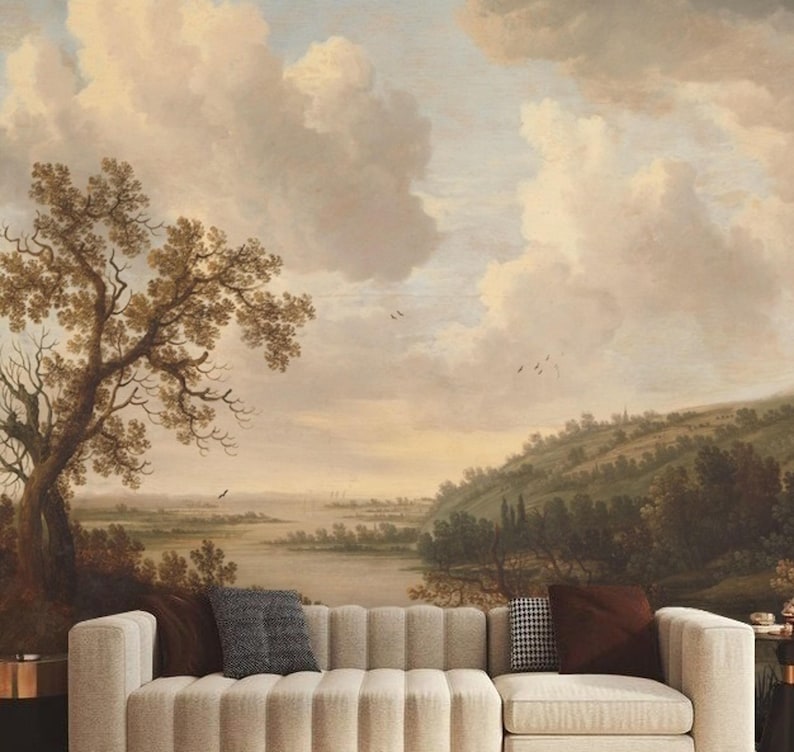 Earth Tone Vintage River Landscape Oil Painting Wallpaper Mural Removable Peel and Stick on Etsy