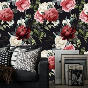 Pink Red White Flower Peony Wallpaper Black Background Removable Peel and Stick on Etsy