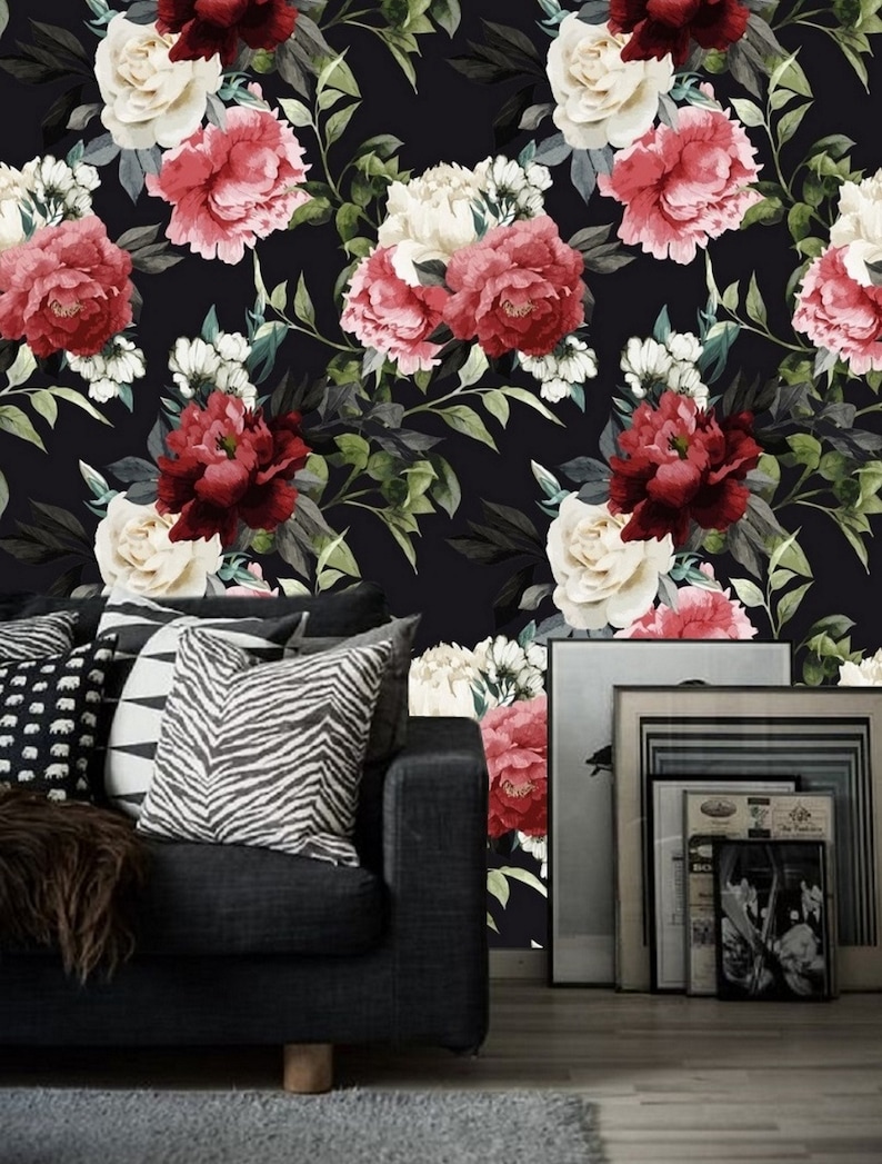 Pink Red White Flower Peony Wallpaper Black Background Removable Peel and Stick on Etsy