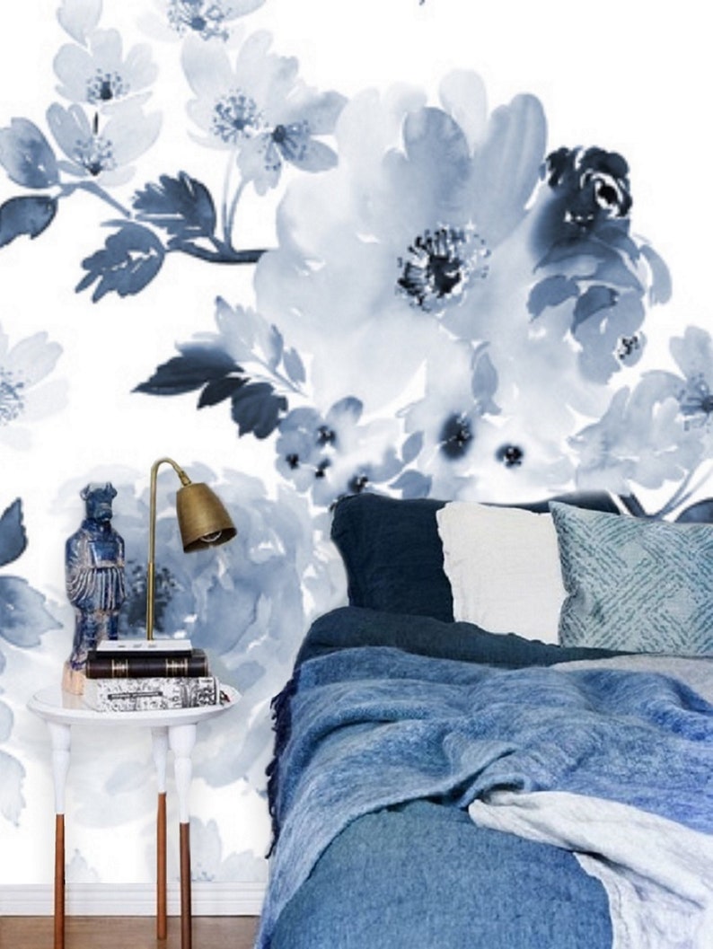 Big Blue Floral Removable Wallpaper Watercolor Flowers Peel Etsy