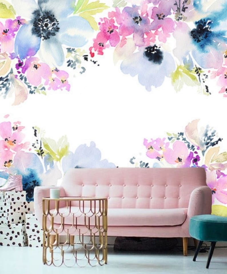 Blue Floral Wallpaper Mural Floral Wall Decal Nursery Etsy Australia