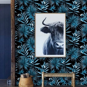 Blauw Palmblad behang, Peel en Stick Wallpaper Blauw, Palm Wallpaper Zwart, Tropisch Behang Zwart, Botanisch Behang Donkerblauw 102 afbeelding 4